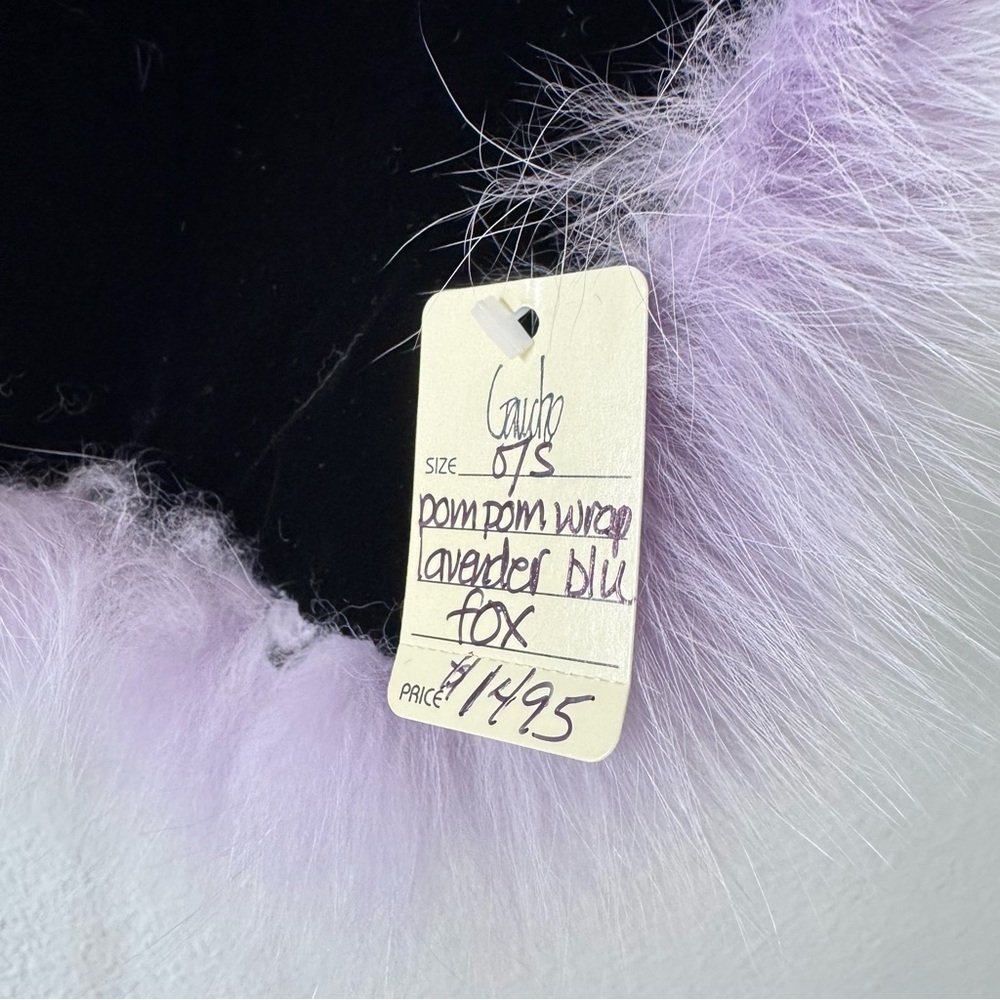 Gaucho Lavender Blue Fox Fur Wrap Scarf with Pom Pom Ties & Velvet Lining NWT - Picture 5 of 13
